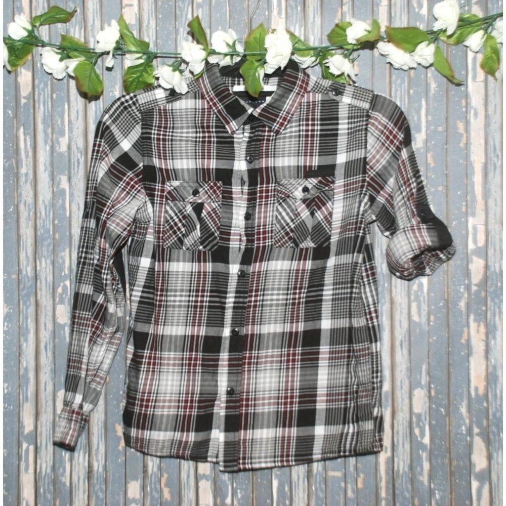 Sean John Boy's Shirt SZ M Black Plaid Button Up Elbow Patches Roll Tab Sleeves